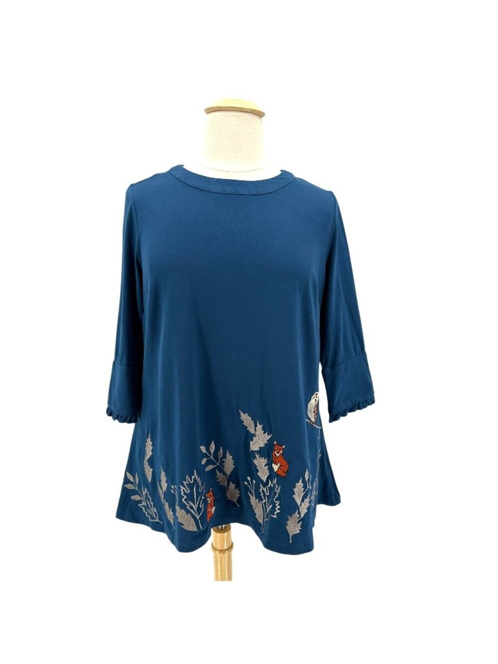 eShakti Wayward Fancies Womens XL Top Tunic Embroidered Fox Owl Leaves Blue Boho